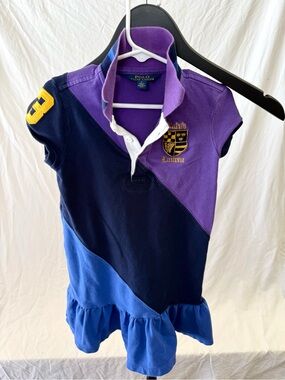 Ralph Lauren Girls Colorblock Polo Dress in Navy, Purple & Royal Blue with Crest